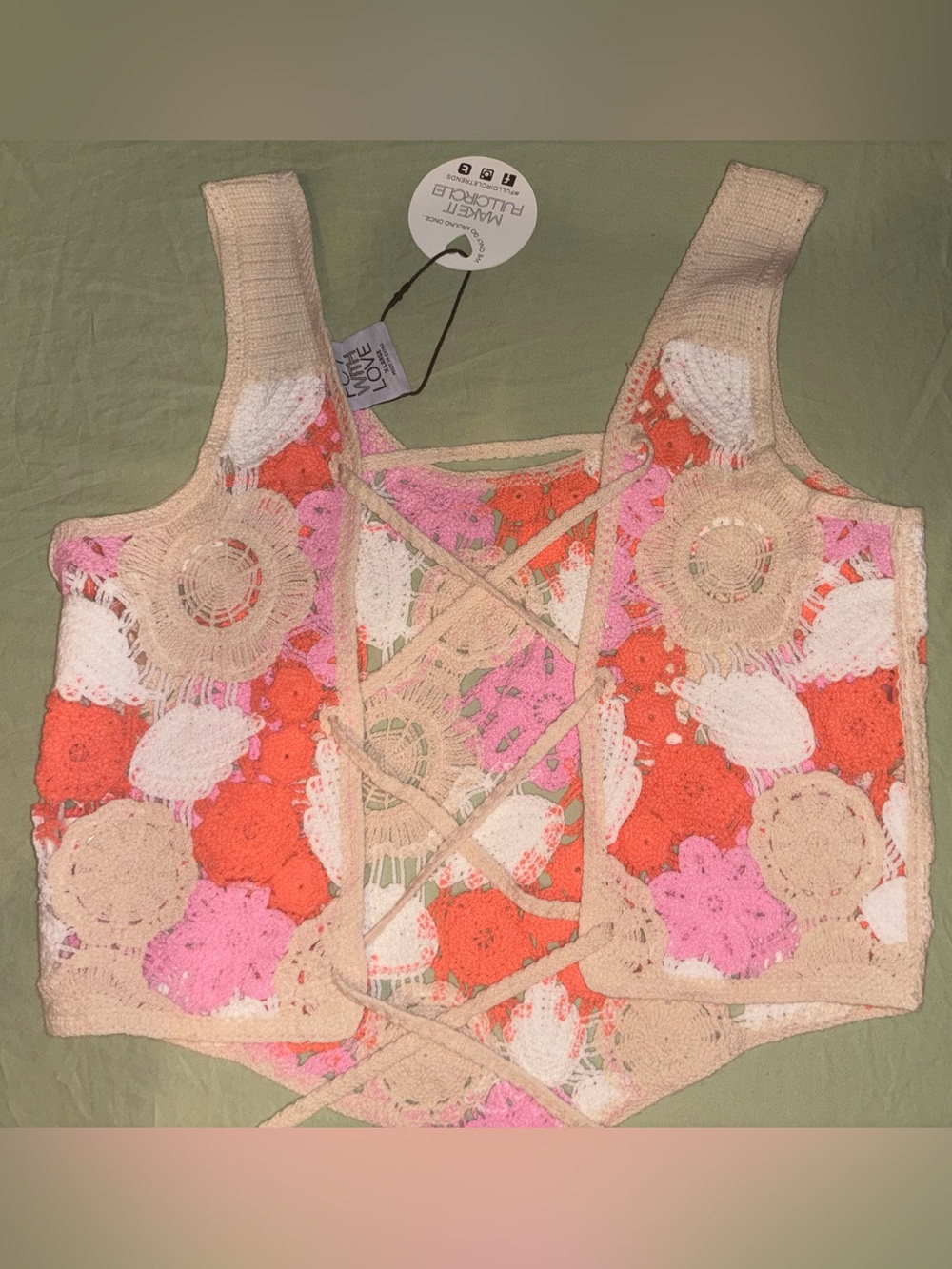 Free People Fiorella Crochet Tank in Pink Solstice Combo Size XL NWT - Picture 5 of 5
